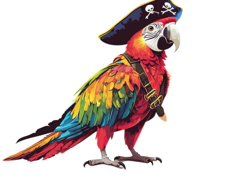 Colorful parrot wearing a pirate hat and harness, white isolate background.