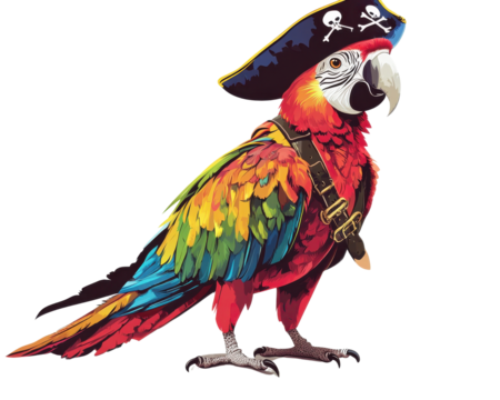 Colorful parrot wearing a pirate hat and harness, white isolate background.