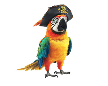 Colorful parrot wearing a pirate hat on a white isolated background.