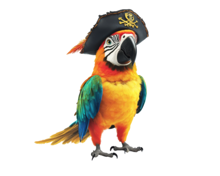 Colorful parrot wearing a pirate hat on a white isolated background.
