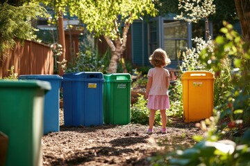 In a sunny school garden, a child explores vibrant recycling and compost bins, learning about sustainability