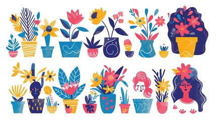 Fototapeta premium Creative Female Portraits and Doodle Objects in Square Frame with Flower Pots