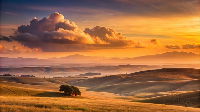 A lone tree stands on the ridge of a rolling golden hill, silhouetted against a breathtaking sunset sky with billowing clouds.