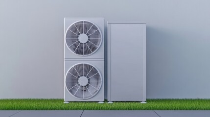 Modern air conditioning unit with dual fans, positioned against a minimalist wall and green grass, showcasing sleek design and functionality.