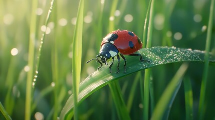 Obraz premium Ladybug on Dewy Leaf in Soft Morning Light