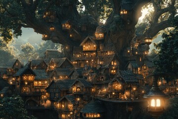 A vibrant elven city nestled in tree branches, illuminated by warm lanterns and blending seamlessly with nature