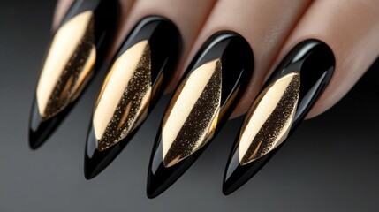 Elegant black and gold nail designs showcasing artistic craftsmanship and creativity