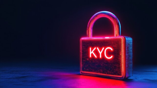 A neon lock displaying "KYC" symbolizes security in identity verification for financial services in a digital age.