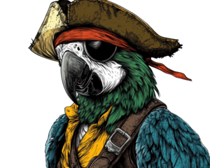 Colorful pirate parrot with a hat and bandana, white isolate background.