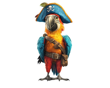 Colorful pirate parrot character with a hat and bandana, isolated on white background.