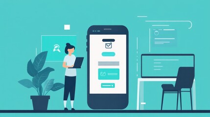 A person interacts with a smartphone displaying a messaging app, with a desktop computer and plant in a modern workspace.