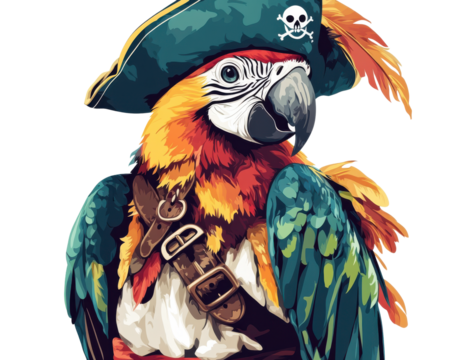 Colorful pirate parrot with a hat, isolated on white background.