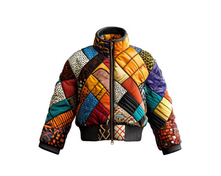 Colorful quilted jacket with diverse patterns on a white isolated background.