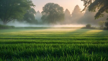 Fototapeta premium Scenic early morning summer lawn with light mist