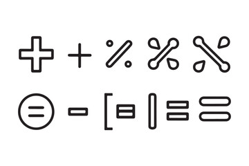 A mathematics icon set features symbols, tools, and visuals representing key concepts like equations, formulas, graphs, numbers, shapes, geometry, algebra, calculus, trigonometry, and statistics.