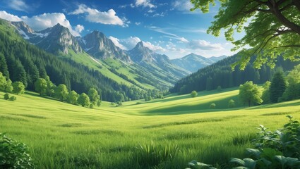 Fototapeta premium Scenic green mountain meadow with forest and sky
