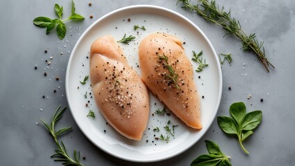 Seasoned chicken breast with herbs on white plate