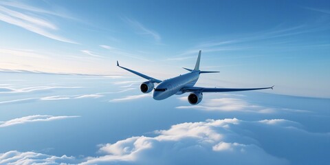 Obraz premium Passenger jet airplane flying above clouds. Airplane in the blue sky with clouds from below, high flying passenger plane