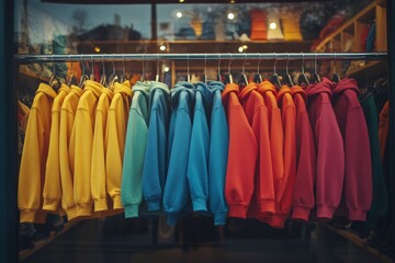 Colorful hoodies displayed in a trendy retail store showcasing modern fashion options