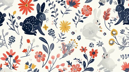 Nordic Folk Pattern with Bunnies and Floral Elements