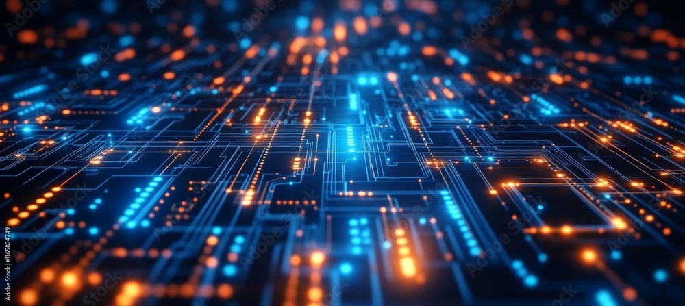 Poster Glowing circuit network motherboard. Wireless data transfer process. Generative AI technology.	
