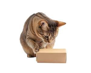 Curious cat exploring a small cardboard box on a white isolated background.