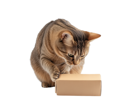 Curious cat exploring a small cardboard box on a white isolated background.