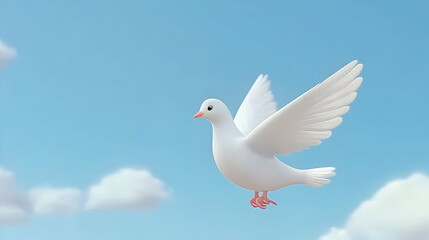 White Dove of Peace in the Air with Wings Wide Open Against Blue Cloudy Sky