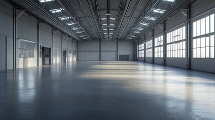 Clean, modern, spacious factory building interior showing concrete floor, overhead cranes, and industrial equipment