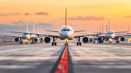 Airplanes parked at airport during sunset, showcasing serene atmosphere