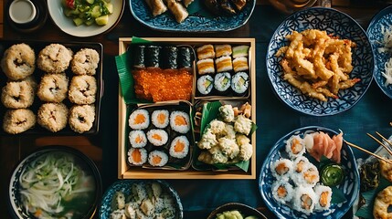 An overhead shot of a beautifully arranged Japanese bento box filled with sushi, tempura, and pickled vegetables, served at an Asian cultural event. 