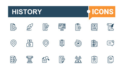 History icons set. Contains such icons as dead, graphic, paint, museum, history, clock, silhouette and more. Flat UI icon design. Solid line editable stroke. Vector line and solid icons.
