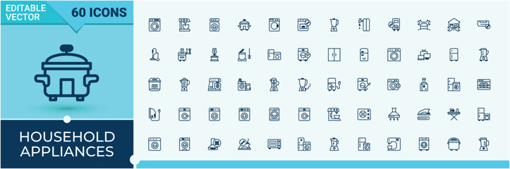 Household Appliances modern icons set. Featuring appliances, kitchen, equipment, air, vacuum and more. Web icons. Vector outline and solid icons collection.