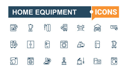 Home Equipment icon set. It contains symbols to appliance, house, appliances, web, dryer, household, cooking, domestic. Collection for mobile and web apps. Vector illustration in modern line style.