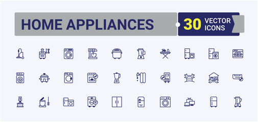 Home Appliances icon pack. Related to boiler, coffee, toaster, clean, electronic, house, microwave and more. Flat UI icon design. Vector line and solid icons.