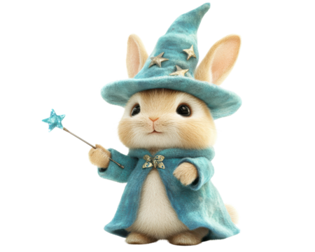 Cute bunny wizard in a blue cloak and hat, holding a magic wand.