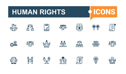 Set of Human Rights line icons. It contains symbols to human rights, hand, religion, support, man, equal, human, book. Symbol. Editable vector outline and solid icons.