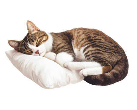 Cute cat sleeping on a soft pillow, white isolated background.