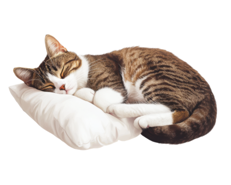 Cute cat sleeping on a soft pillow, white isolated background.