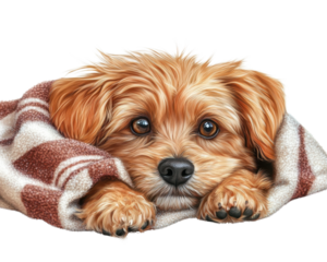 Cute dog resting on a blanket, looking curiously at the viewer.