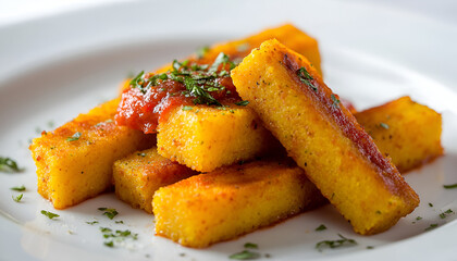 Grilled Polenta Bars with Fresh Tomato Salsa on White Plate

