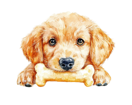 Cute golden retriever puppy lying with a bone, white isolated background.