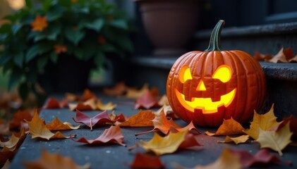 Glowing jack-o'-lantern amidst autumn leaves on porch steps , autumn, october, spooky