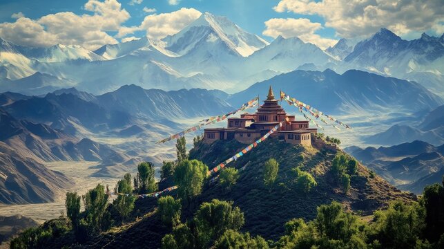 A peaceful Himalayan mountain landscape in Ladakh, with a Buddhist monastery perched on a hill and colorful prayer flags fluttering in the wind