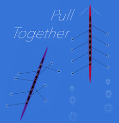 Pull together. An eight man rowing crew works together to achieve their goal in an illustration about teamwork. © Rob Goebel
