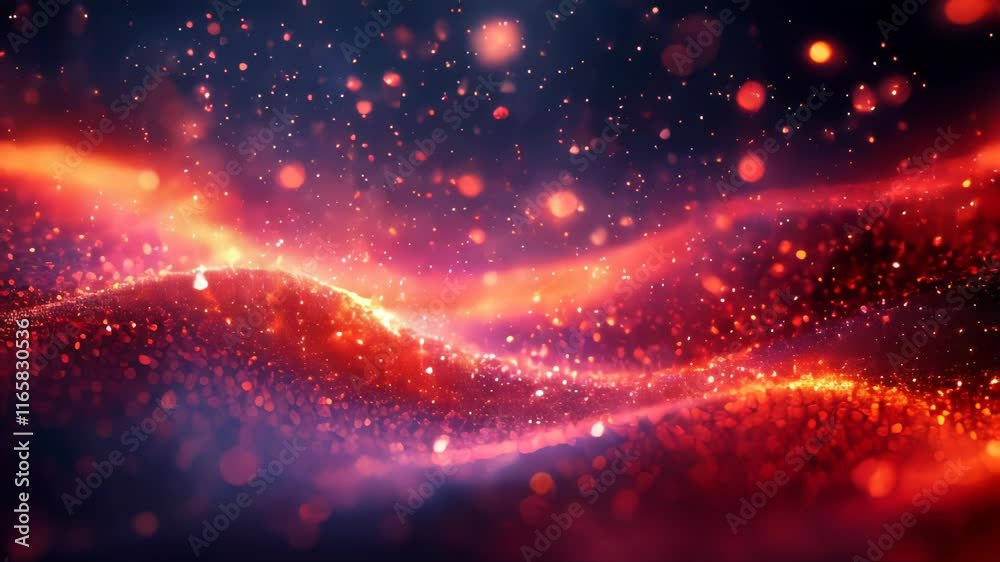 Poster abstract, glowing red particles in a dark background, creating a dynamic wave-like pattern with a fu