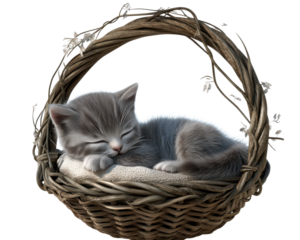 Cute kitten sleeping in a woven basket, white isolate background.