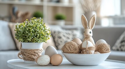 Decorated easter table setting with bunny and eggs in a cozy living room