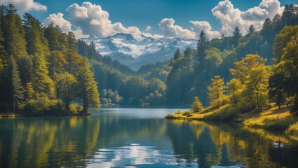 Fototapeta premium Tranquil woodland lake surrounded by lush greenery