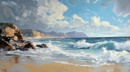 Obraz premium Coastal Serenity: Ocean Waves Crashing on Sandy Beach